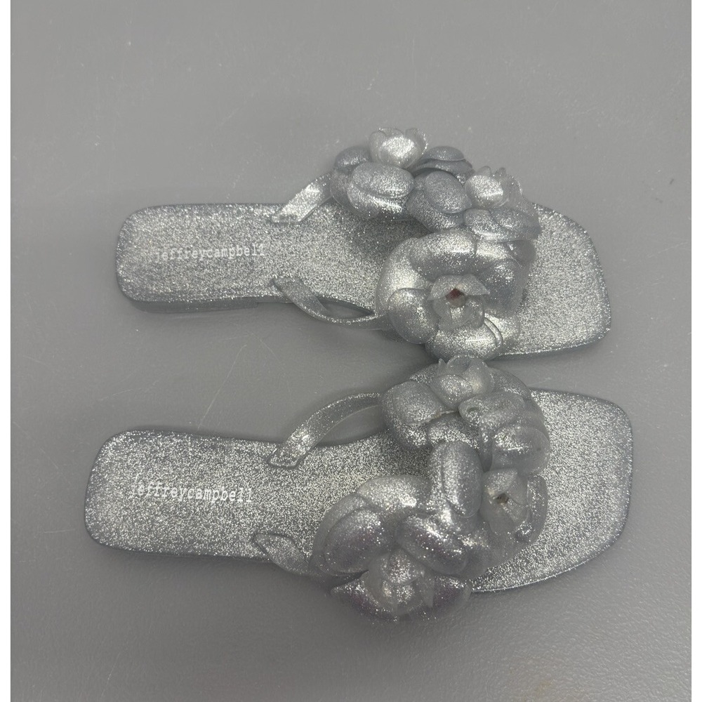 Jeffrey Campbell Silver Glitter Floral Slide Sandals